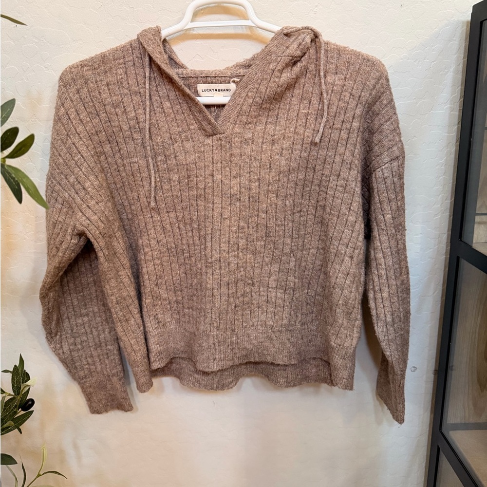 Lucky Brand Ribbed Cropped Hooded Sweater - Taupe Brown
